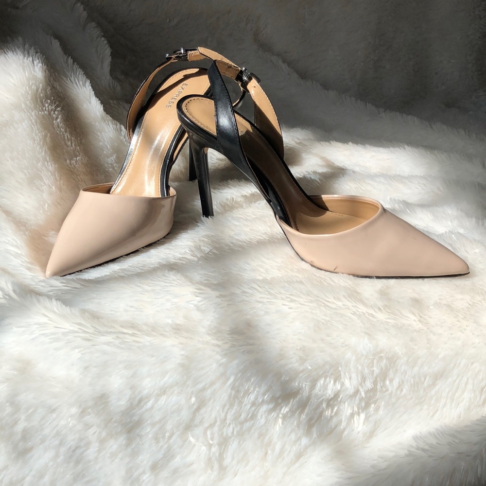 Express beige and black sling back heels